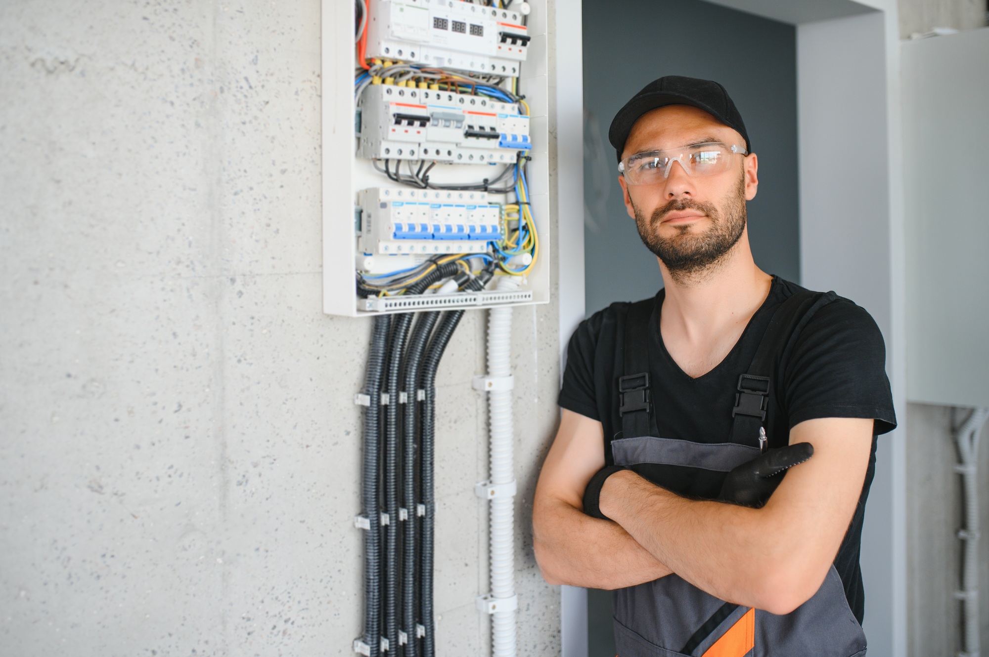Male electrician working in a switchboard with fuses